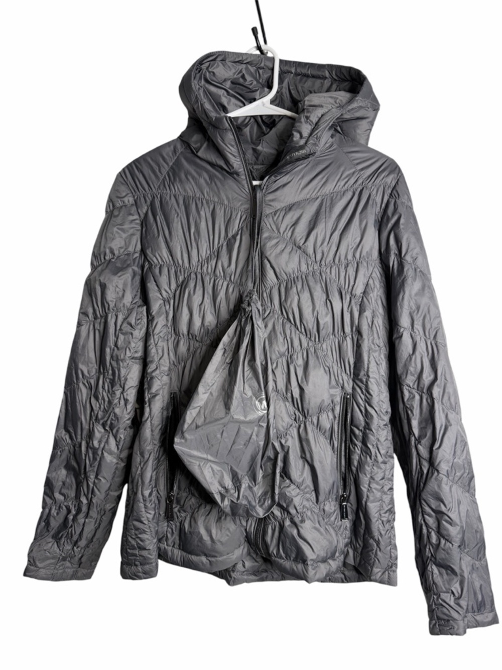 Michael Kors Packable PufferJacket Large Gray Hooded Lightweight Travel Coat